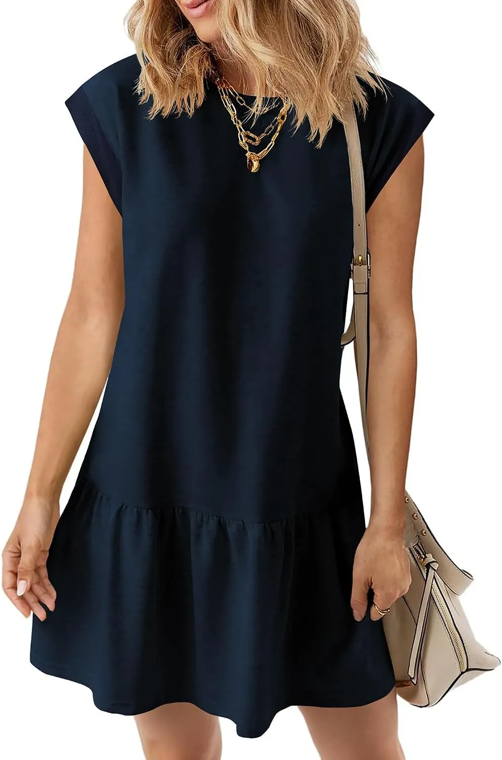BLENCOT Womens Summer Dresses Casual Cap Sleeve Spring Ruffle Mini Sporty Sweatshirt Trendy Tshirt Dress