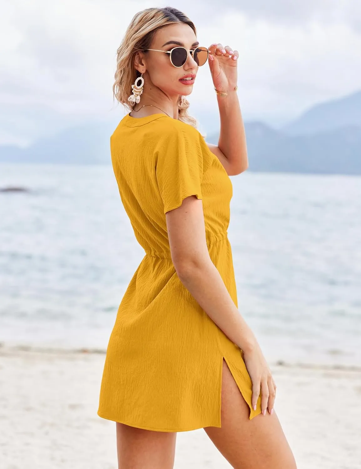 Bluetime Women Swimsuit Cover Ups Button Down Bathing Suit Coverups Beachwear Flowy V Neck Summer Dress