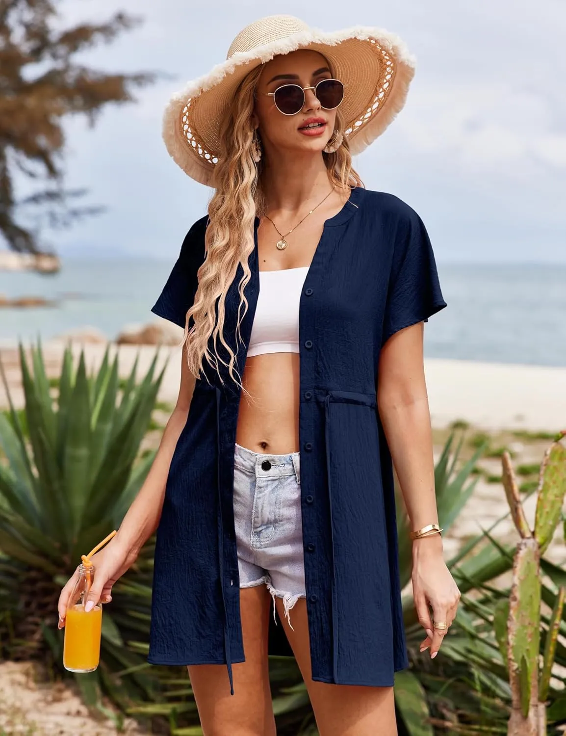 Bluetime Women Swimsuit Cover Ups Button Down Bathing Suit Coverups Beachwear Flowy V Neck Summer Dress