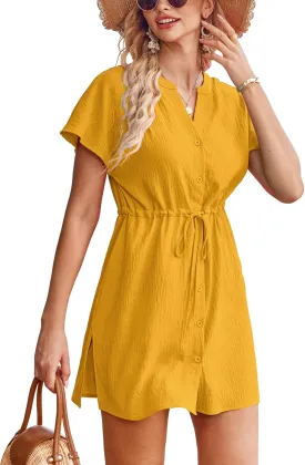 Bluetime Women Swimsuit Cover Ups Button Down Bathing Suit Coverups Beachwear Flowy V Neck Summer Dress