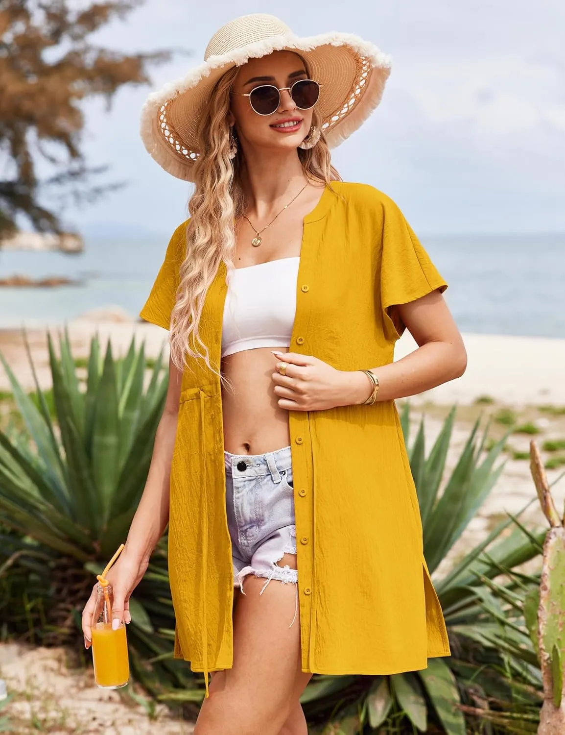 Bluetime Women Swimsuit Cover Ups Button Down Bathing Suit Coverups Beachwear Flowy V Neck Summer Dress