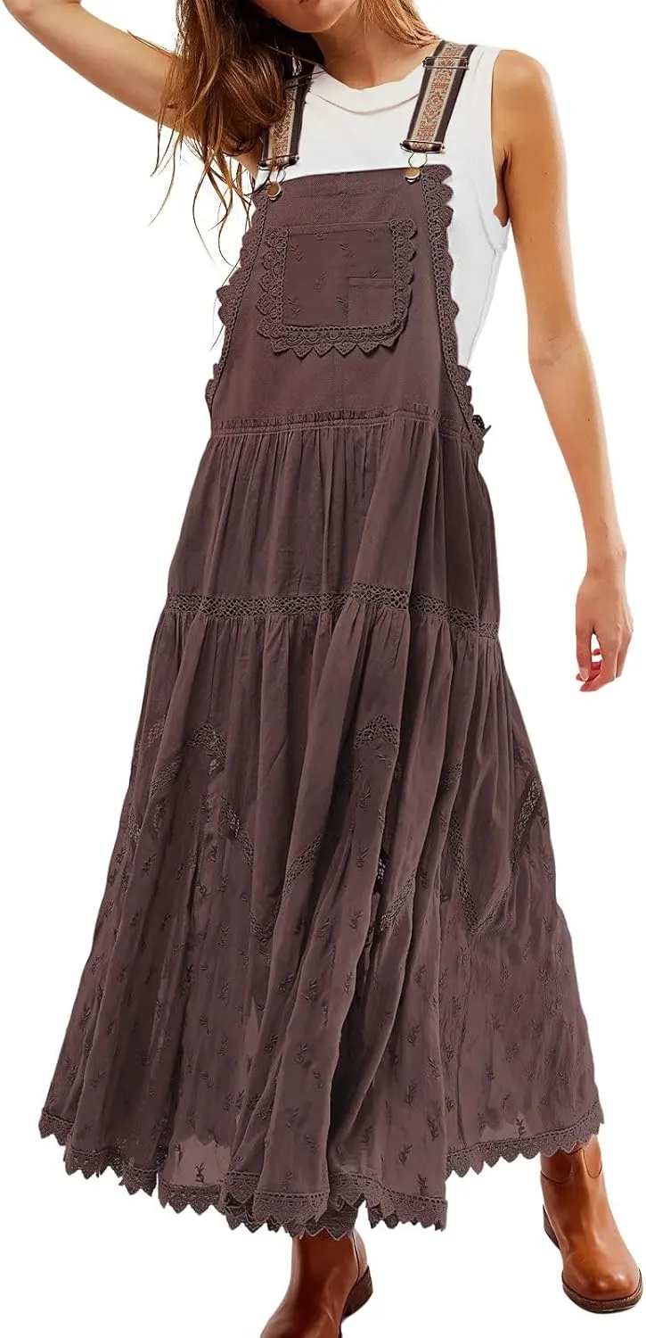 CHARTOU Women Bib Overall Dress Jumper Babydoll Pinafore Dress Embroidered Lace Maternity Straps Suspender Dress