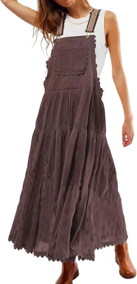 CHARTOU Women Bib Overall Dress Jumper Babydoll Pinafore Dress Embroidered Lace Maternity Straps Suspender Dress