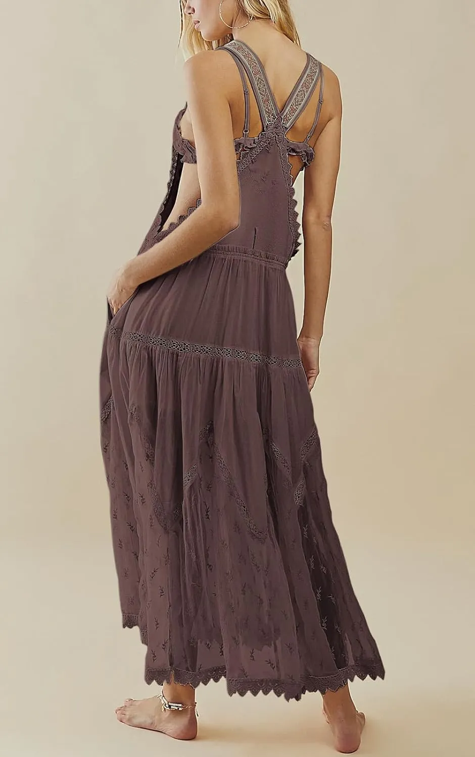 CHARTOU Women Bib Overall Dress Jumper Babydoll Pinafore Dress Embroidered Lace Maternity Straps Suspender Dress