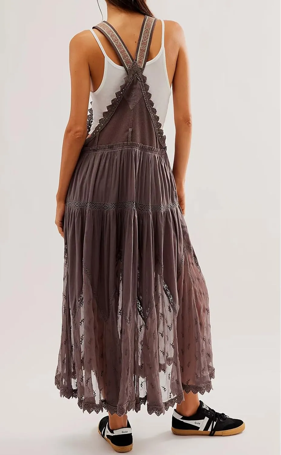 CHARTOU Women Bib Overall Dress Jumper Babydoll Pinafore Dress Embroidered Lace Maternity Straps Suspender Dress