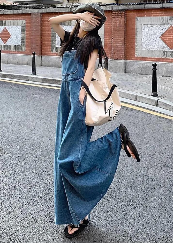 chouyatou Women's Adjustable Strap Distressed Denim Overall Dress A-Line Back Split Pinafore Bib Jean Dress