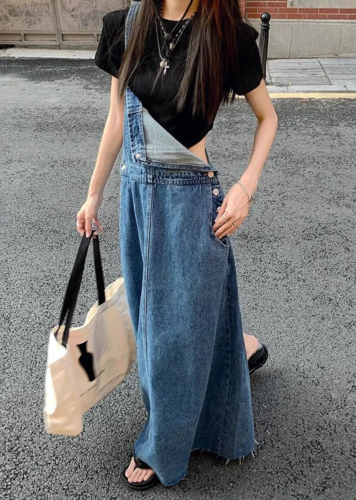 chouyatou Women's Adjustable Strap Distressed Denim Overall Dress A-Line Back Split Pinafore Bib Jean Dress
