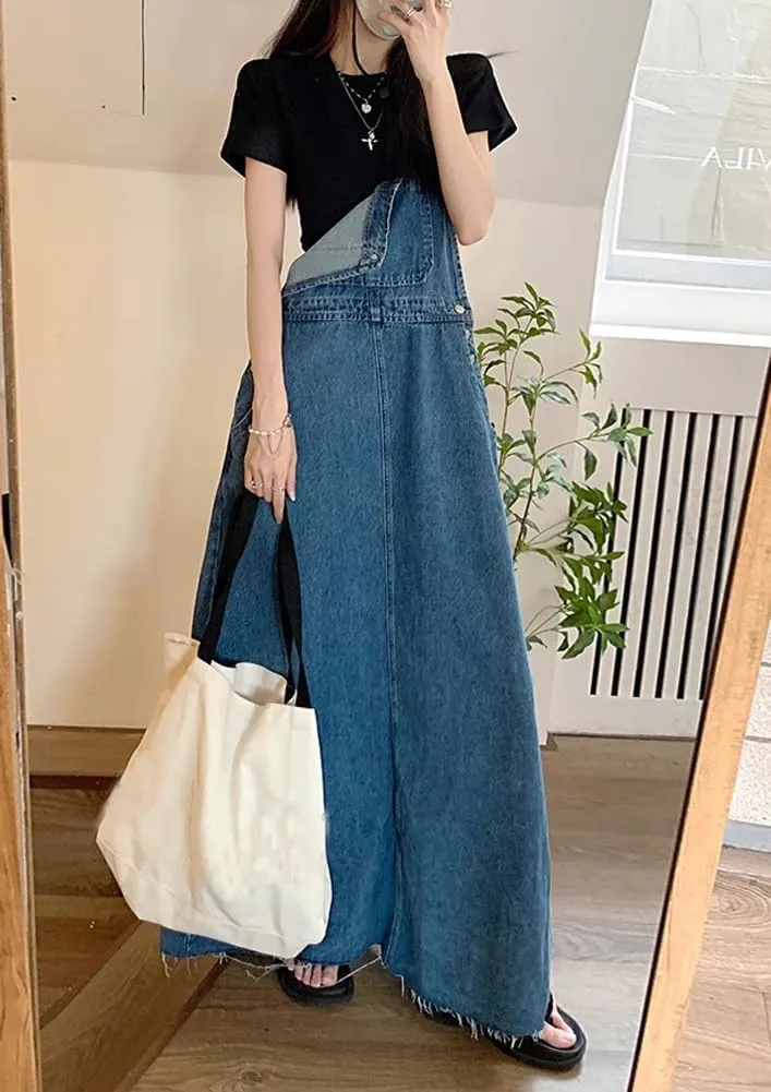 chouyatou Women's Adjustable Strap Distressed Denim Overall Dress A-Line Back Split Pinafore Bib Jean Dress