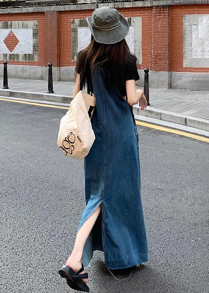 chouyatou Women's Adjustable Strap Distressed Denim Overall Dress A-Line Back Split Pinafore Bib Jean Dress