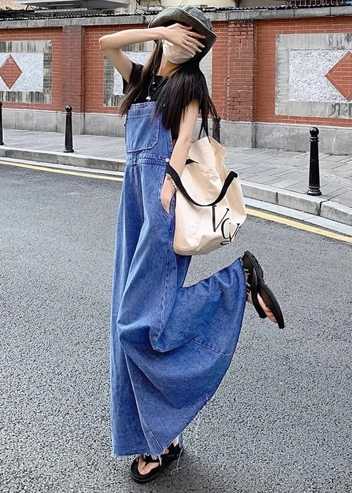 chouyatou Women's Adjustable Strap Distressed Denim Overall Dress A-Line Back Split Pinafore Bib Jean Dress