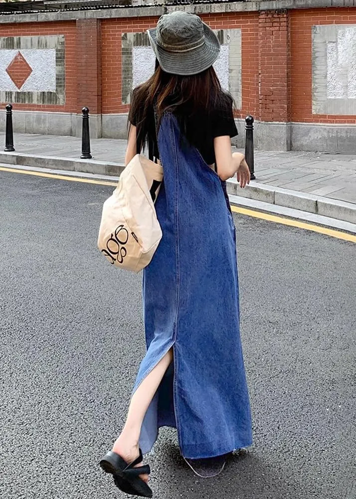 chouyatou Women's Adjustable Strap Distressed Denim Overall Dress A-Line Back Split Pinafore Bib Jean Dress