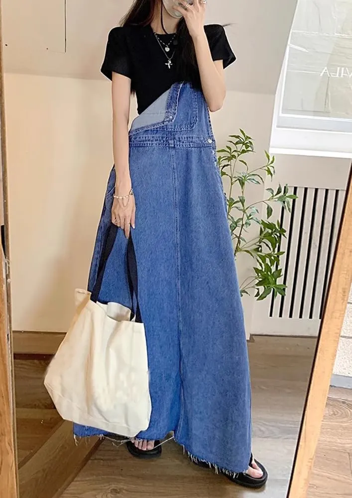 chouyatou Women's Adjustable Strap Distressed Denim Overall Dress A-Line Back Split Pinafore Bib Jean Dress