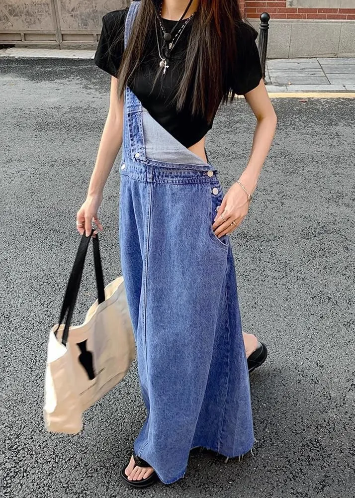 chouyatou Women's Adjustable Strap Distressed Denim Overall Dress A-Line Back Split Pinafore Bib Jean Dress