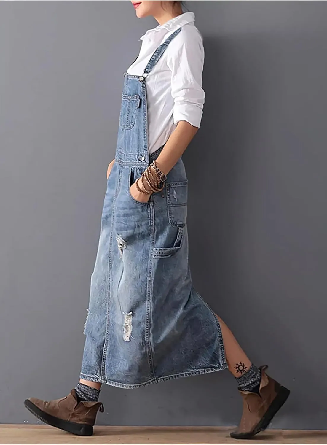 chouyatou Women's Adjustable Strap Distressed Denim Overall Dress A-Line Pinafore Jean Dress with Split