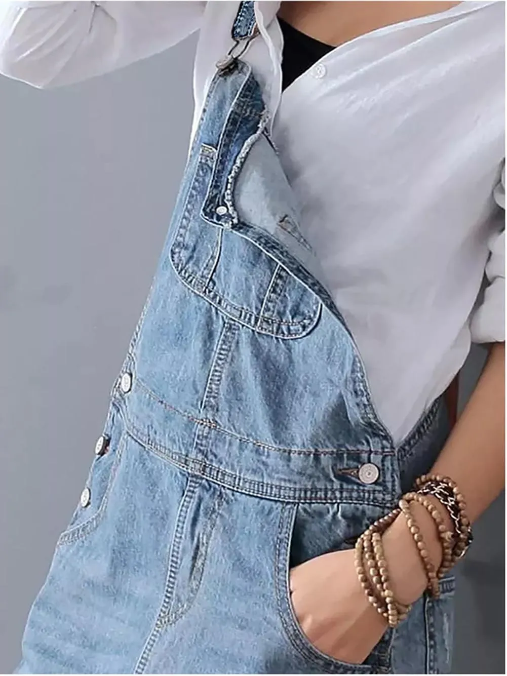 chouyatou Women's Adjustable Strap Distressed Denim Overall Dress A-Line Pinafore Jean Dress with Split