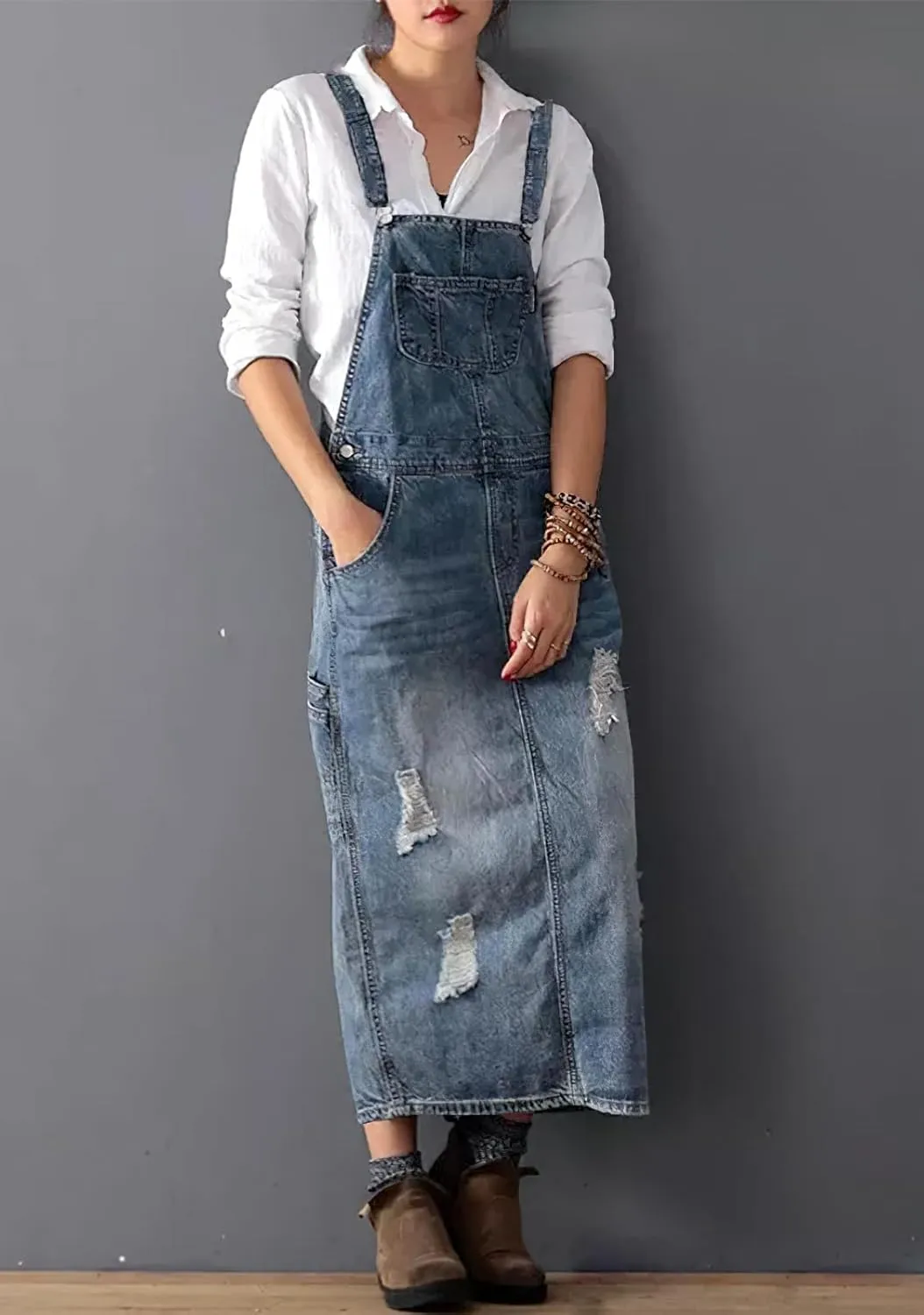 chouyatou Women's Adjustable Strap Distressed Denim Overall Dress A-Line Pinafore Jean Dress with Split