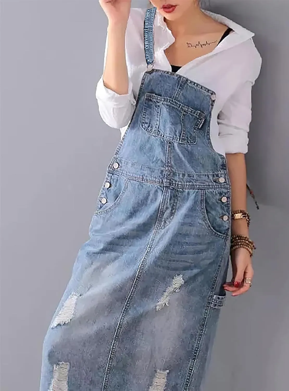 chouyatou Women's Adjustable Strap Distressed Denim Overall Dress A-Line Pinafore Jean Dress with Split