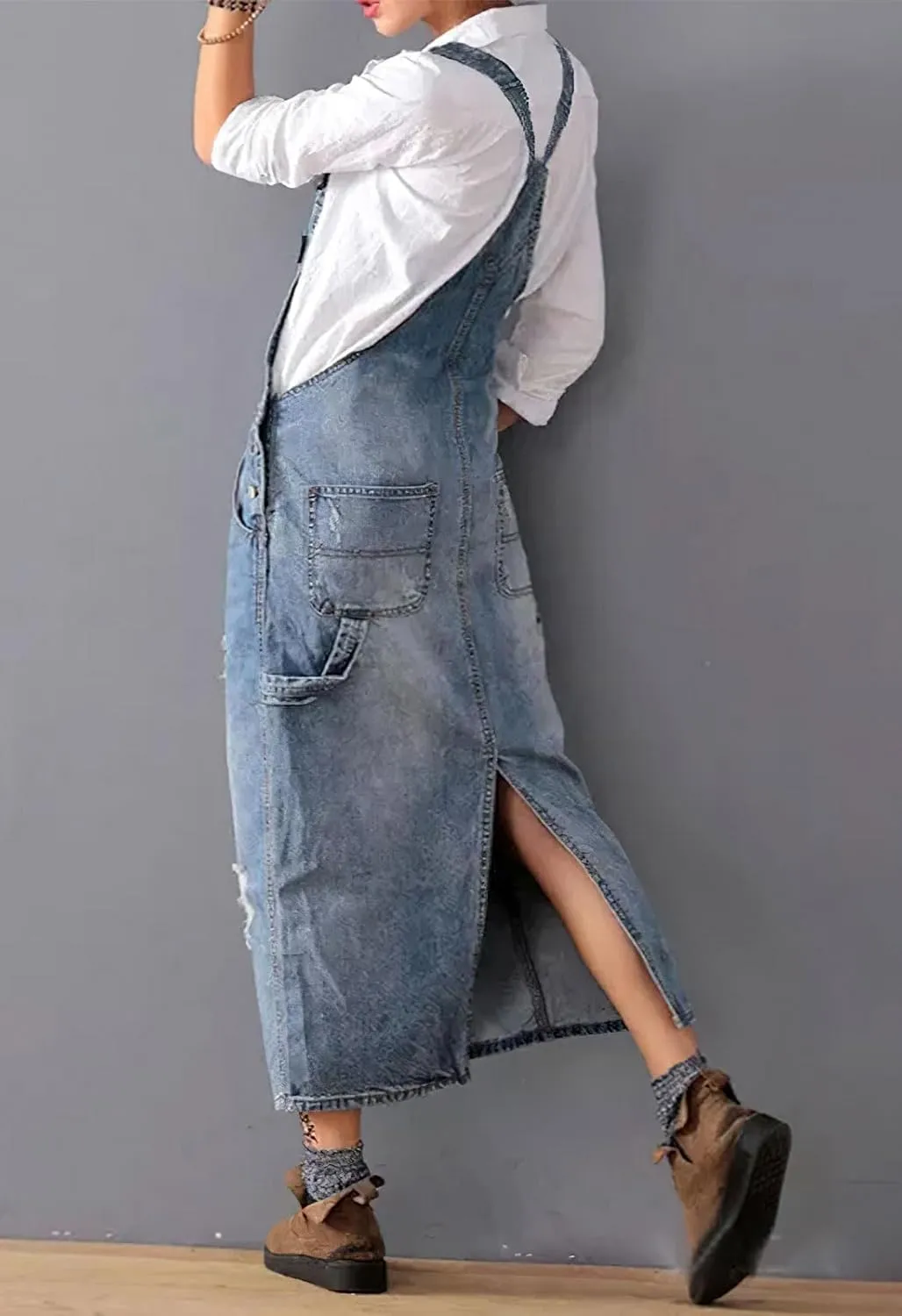 chouyatou Women's Adjustable Strap Distressed Denim Overall Dress A-Line Pinafore Jean Dress with Split