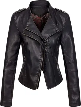 chouyatou Women's Candy Color Asymmetric Zip Slim Faux Leather Cropped Moto Jacket