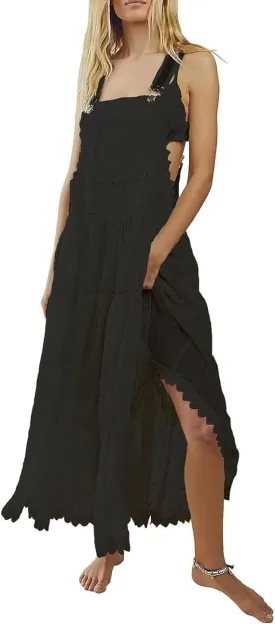 chouyatou Women's Lace Embroidered Tiered Maxi Dress Casual Suspender Strap Bib Overall Jumper Dress