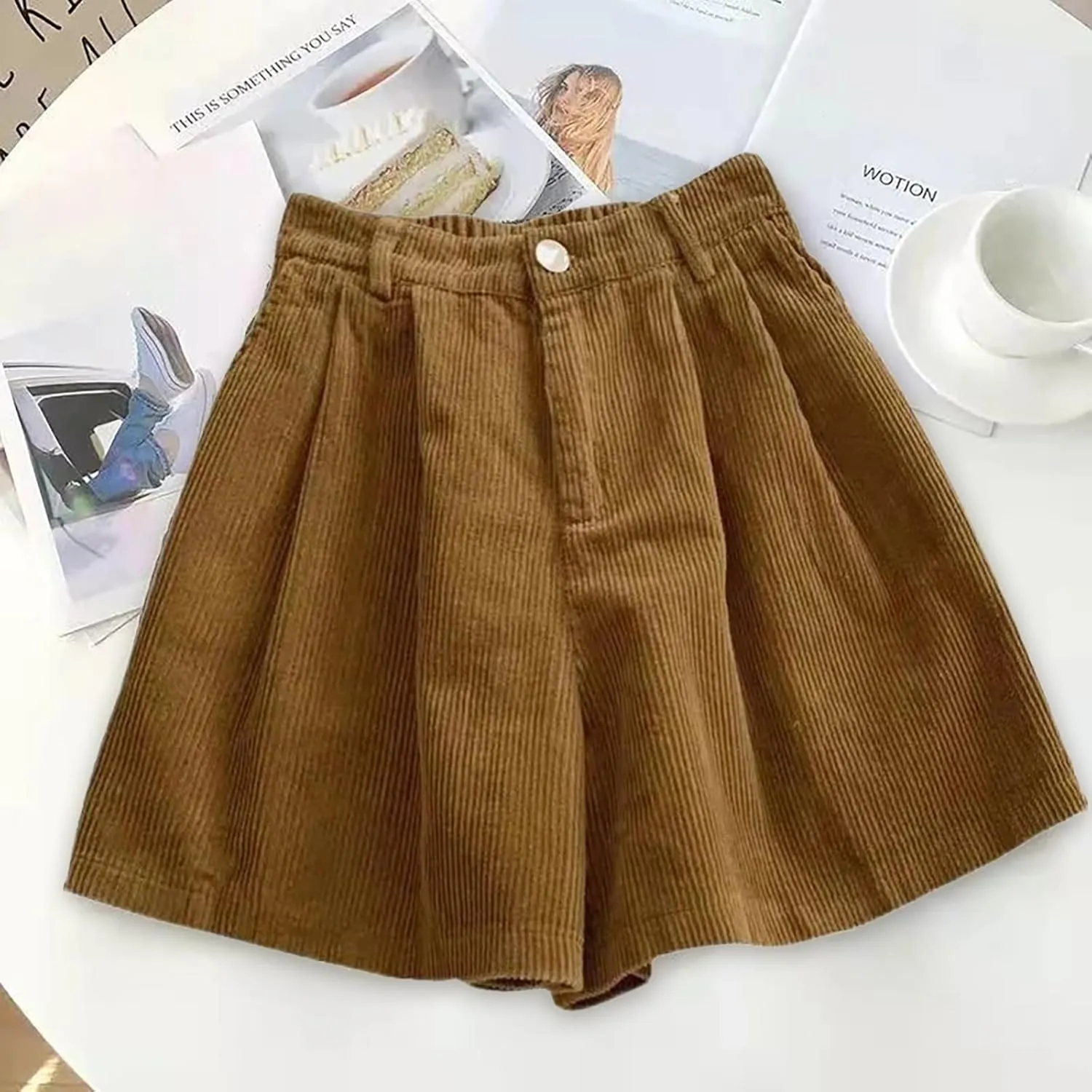 Corduroy Shorts for Women Summer Mid-Waist Straight Wide Leg Shorts Dressy Buttons Fly Trendy Short with Pockets