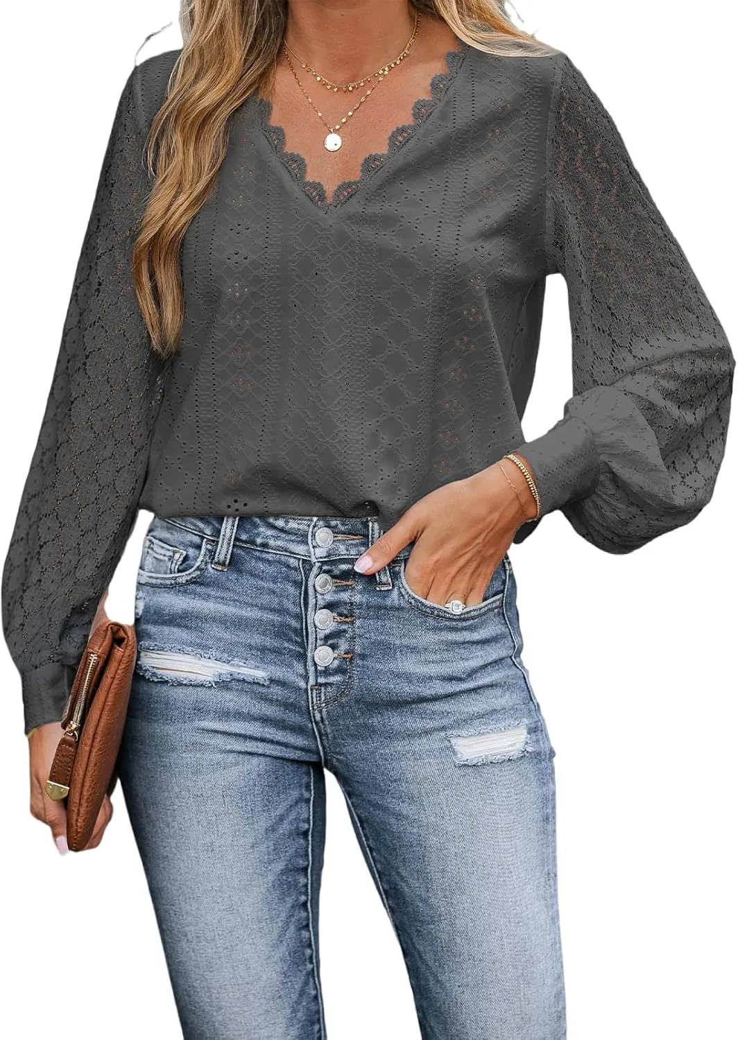 CUPSHE Long Sleeve Tops for Women Eyelet Scalloped Lace V Neck Blouse Casual Loose Fashion Shirts