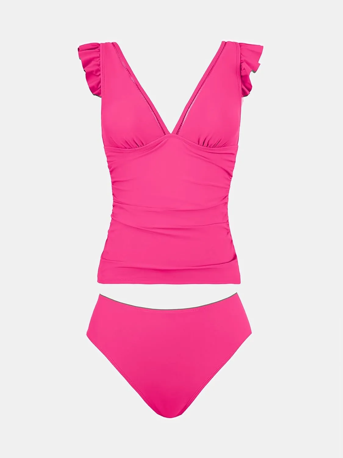 CUPSHE Women's Tankini Sets Two Piece Swimsuit V Neck Ruffled Ruched Tummy Control Ladder Trim (XS-4XL)