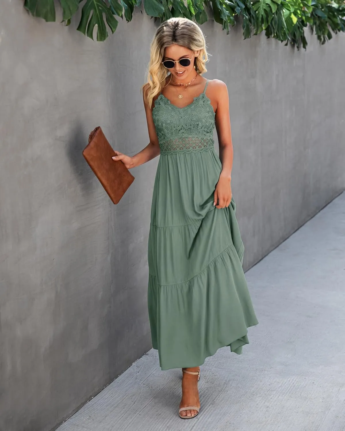 Dokuritu Women's Beach Crochet Lace Maxi Dress Solid Color Summer Vacation Spaghetti Strap Long Dress 2024