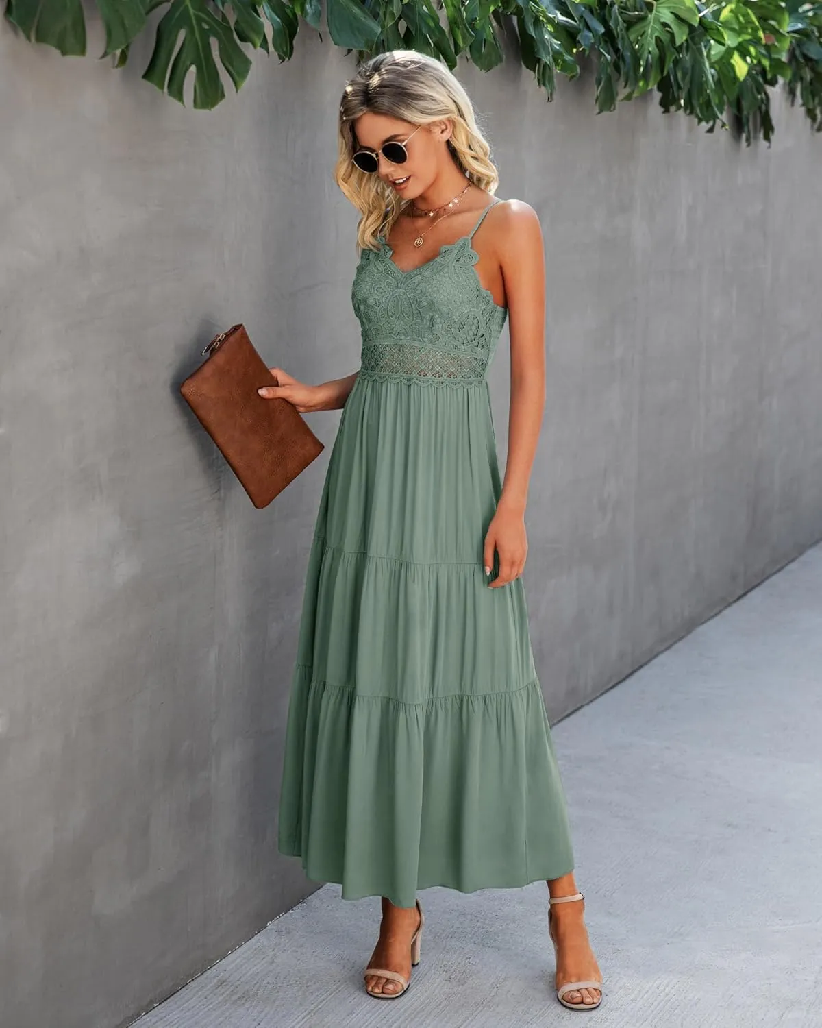 Dokuritu Women's Beach Crochet Lace Maxi Dress Solid Color Summer Vacation Spaghetti Strap Long Dress 2024