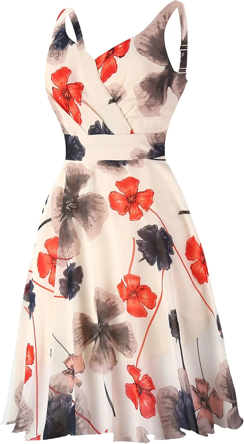 Dressever Summer Cocktail Dress V-Neck Adjustable Spaghetti Strap Chiffon Sundress