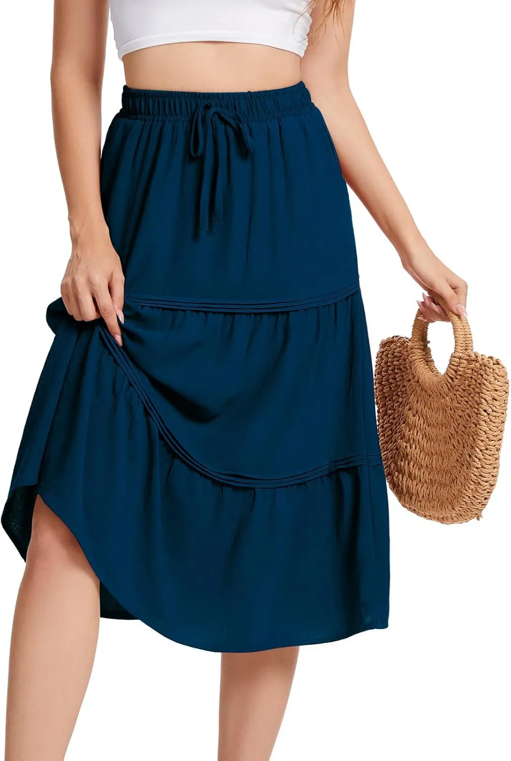 DRESSTELLS Women's Midi Skirts with Pockets Elastic High Waist Flowy Swing A Line Casual Long Skirt