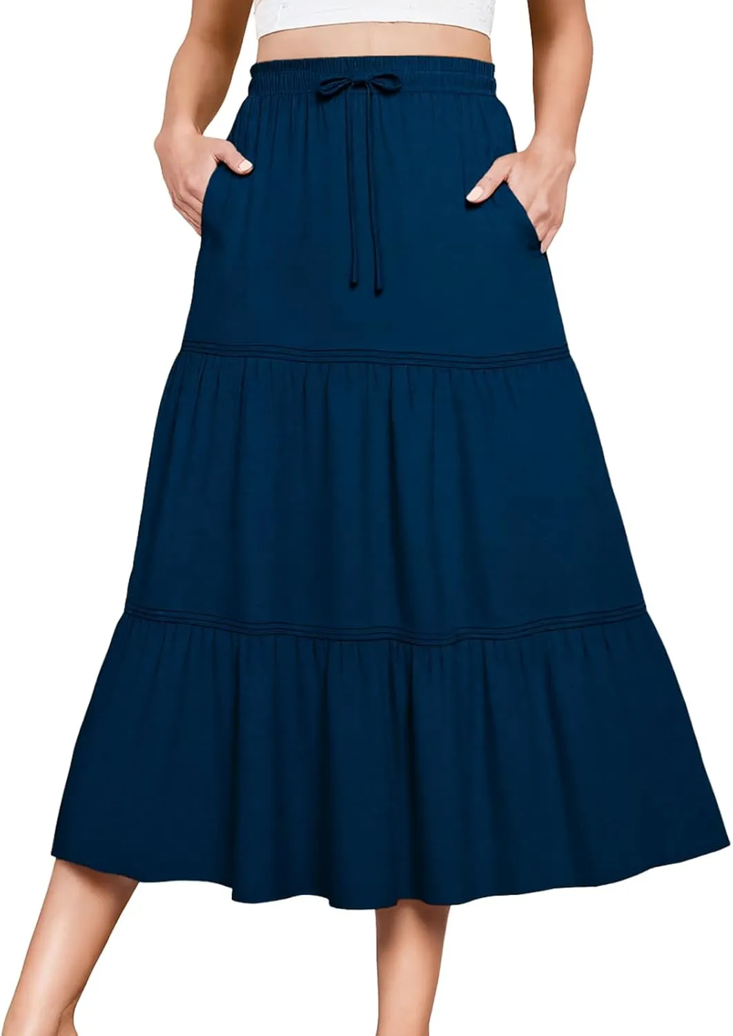 DRESSTELLS Women's Midi Skirts with Pockets Elastic High Waist Flowy Swing A Line Casual Long Skirt