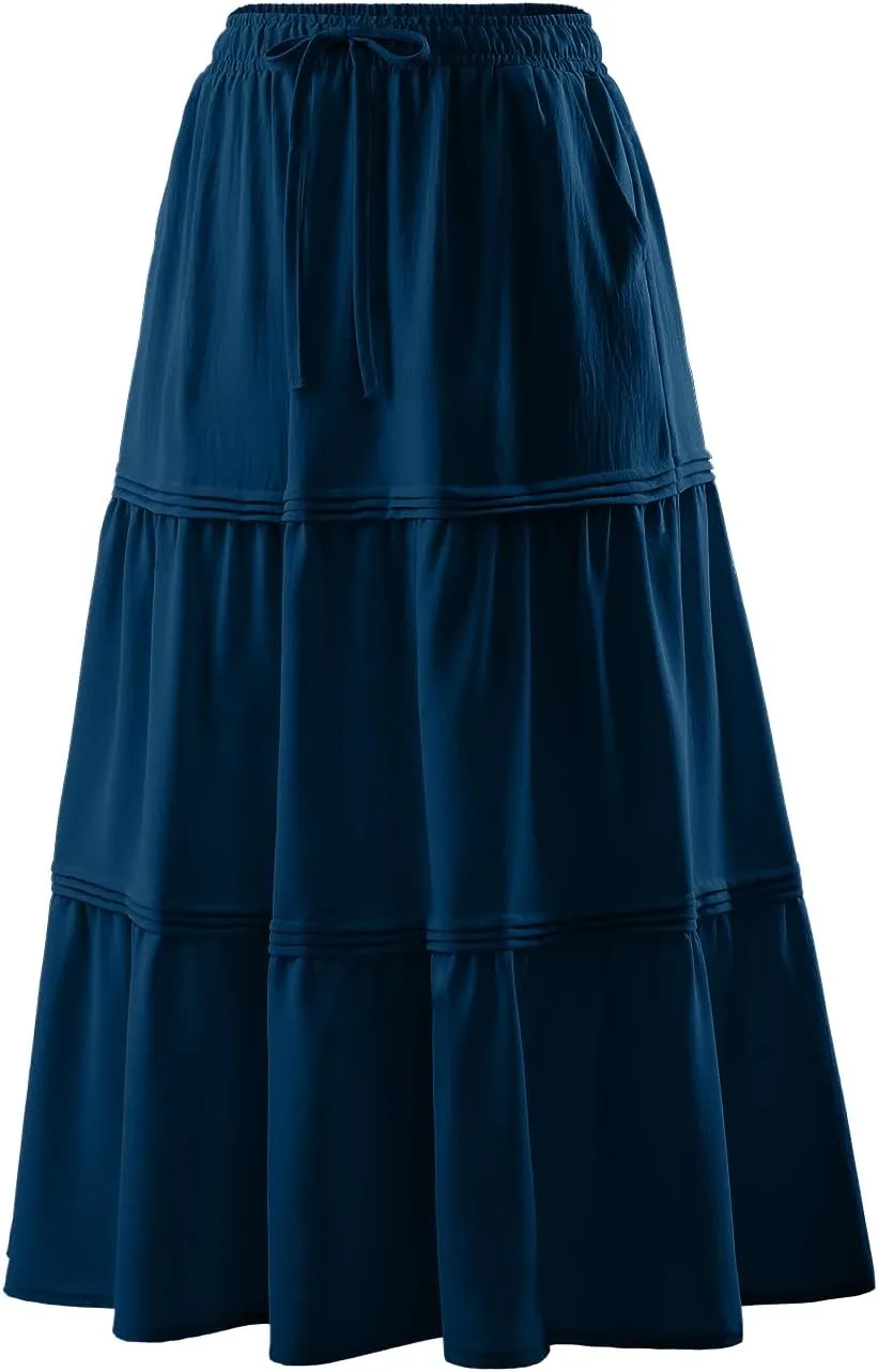 DRESSTELLS Women's Midi Skirts with Pockets Elastic High Waist Flowy Swing A Line Casual Long Skirt