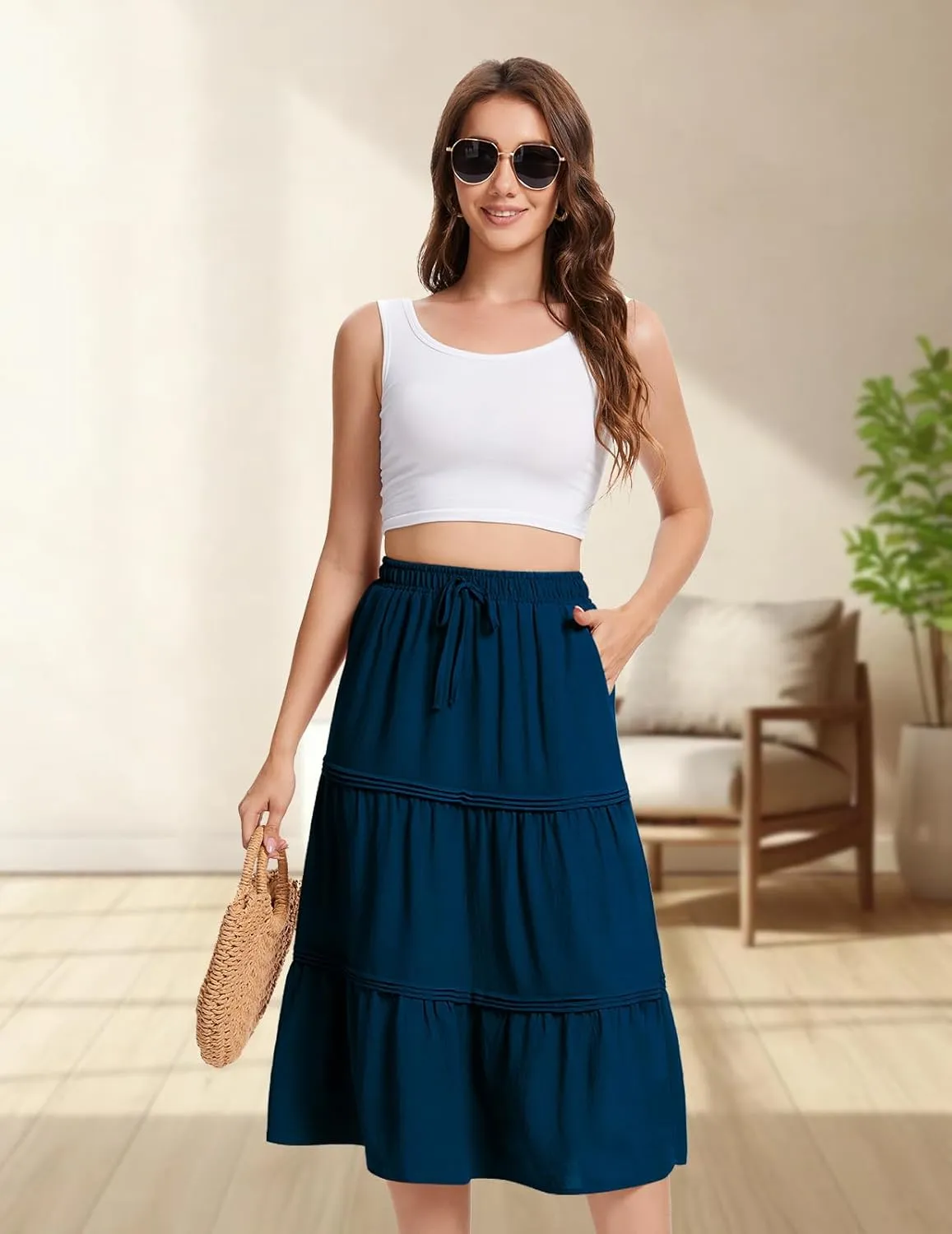 DRESSTELLS Women's Midi Skirts with Pockets Elastic High Waist Flowy Swing A Line Casual Long Skirt