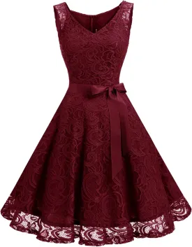 Dressystar Women Floral Lace Bridesmaid Party Dress Short Prom Dress V Neck