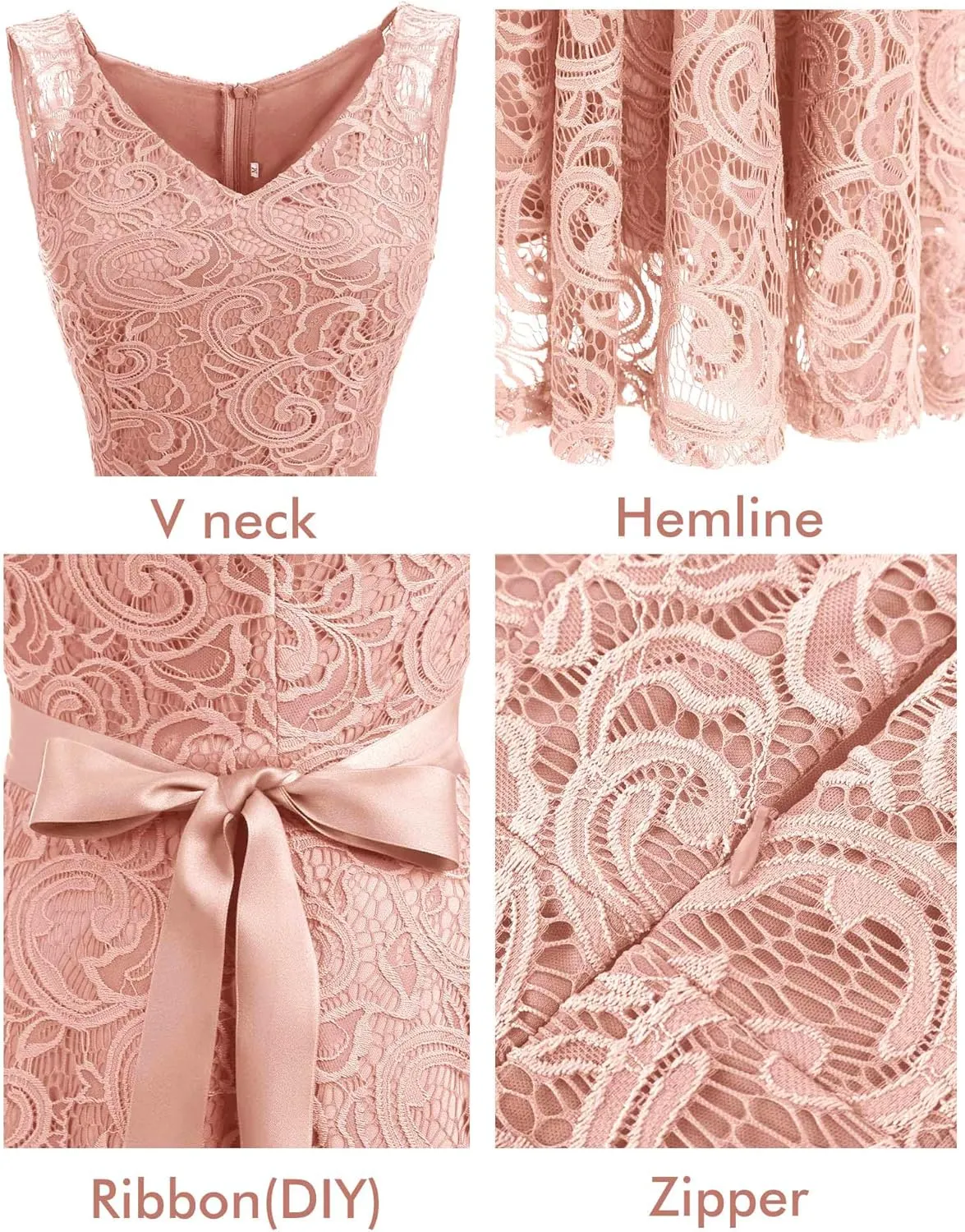Dressystar Women Floral Lace Bridesmaid Party Dress Short Prom Dress V Neck
