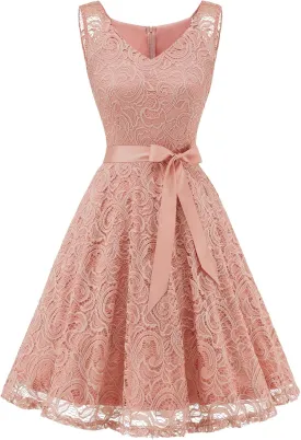 Dressystar Women Floral Lace Bridesmaid Party Dress Short Prom Dress V Neck