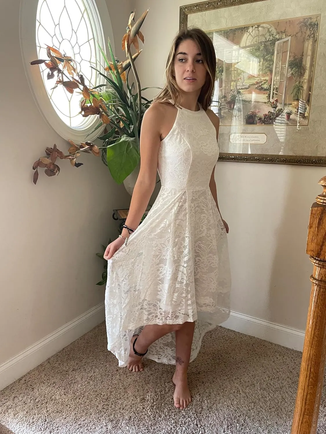 Dressystar Women Halter Lace Wedding Guest Dress Hi-Lo Cocktail Party Bridesmaid Formal Dresses