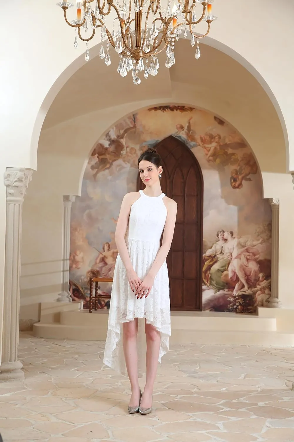 Dressystar Women Halter Lace Wedding Guest Dress Hi-Lo Cocktail Party Bridesmaid Formal Dresses