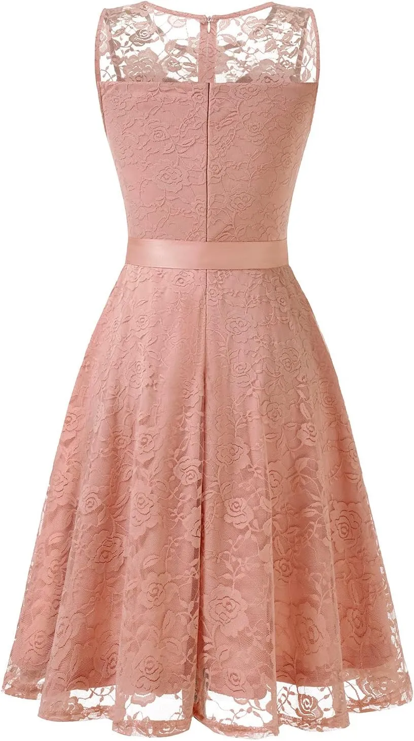 Dressystar Women's Floral Lace Dress Short Bridesmaid Dresses with Sheer Neckline