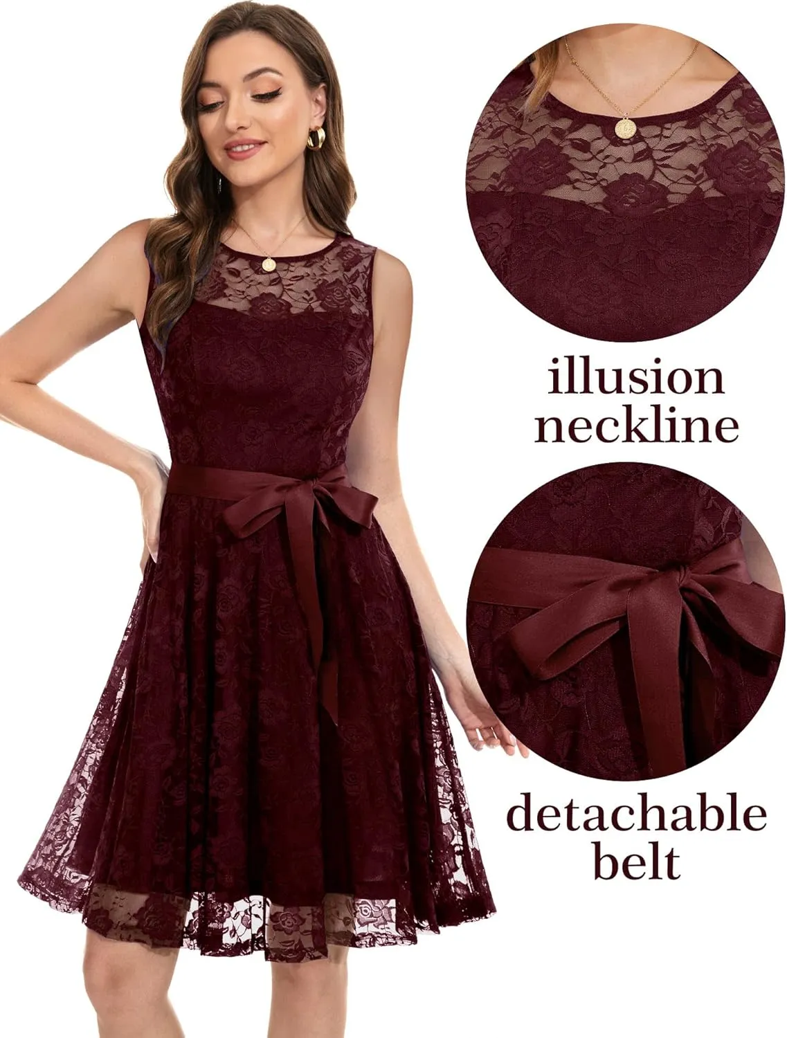 Dressystar Women's Floral Lace Dress Short Bridesmaid Dresses with Sheer Neckline