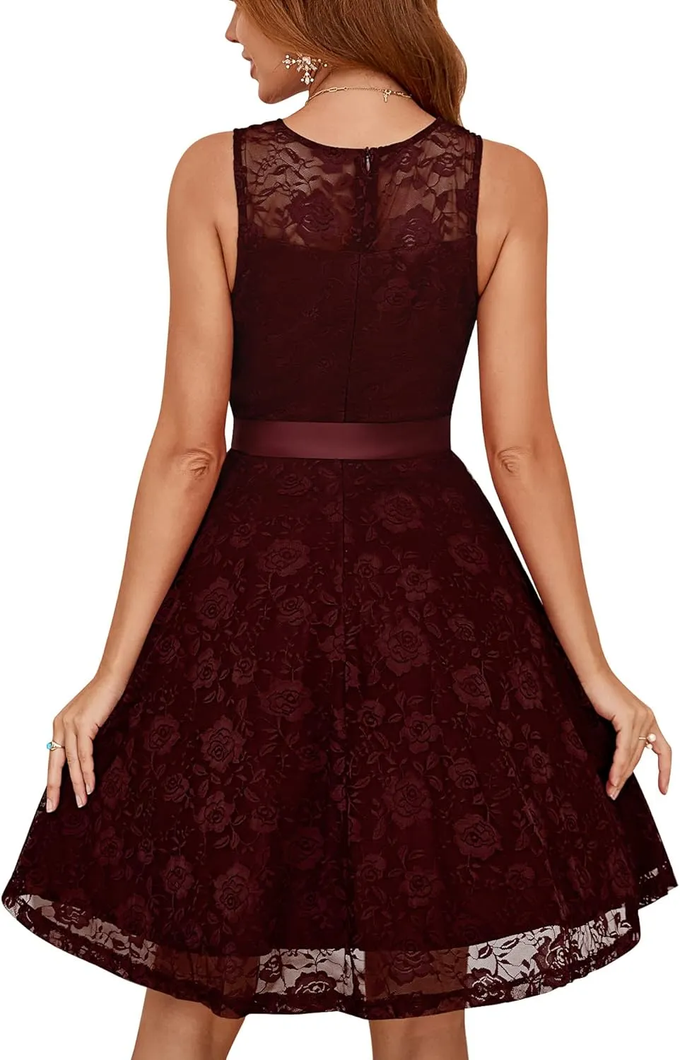 Dressystar Women's Floral Lace Dress Short Bridesmaid Dresses with Sheer Neckline