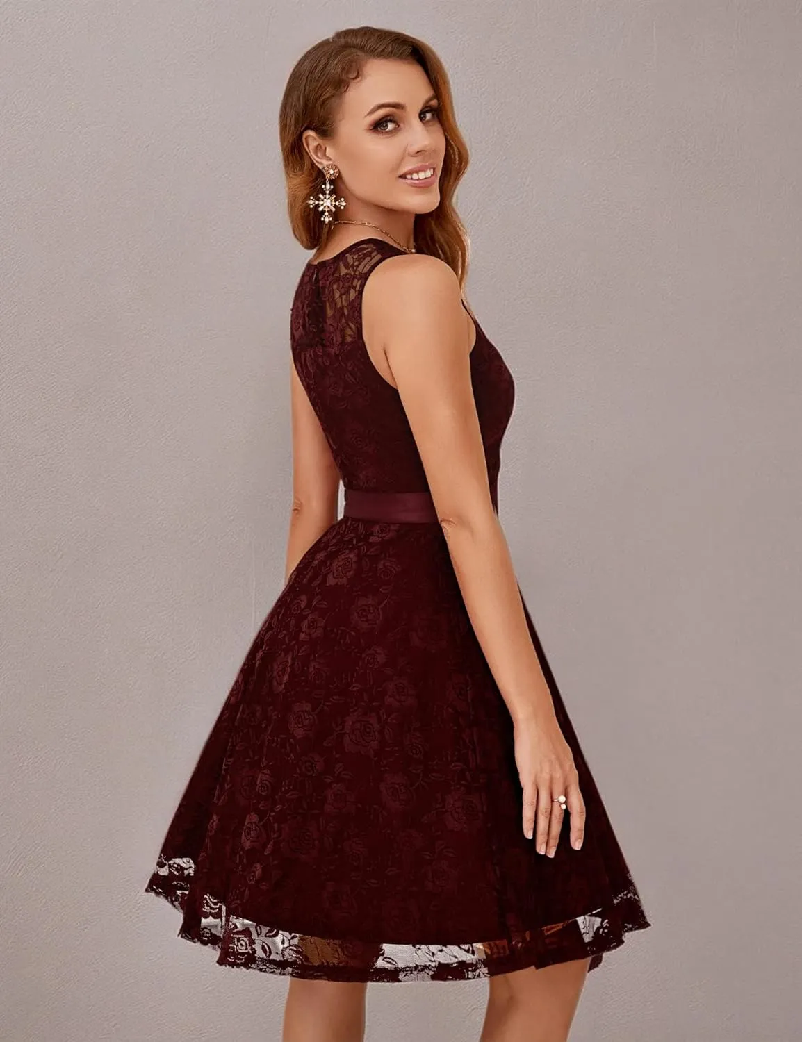 Dressystar Women's Floral Lace Dress Short Bridesmaid Dresses with Sheer Neckline
