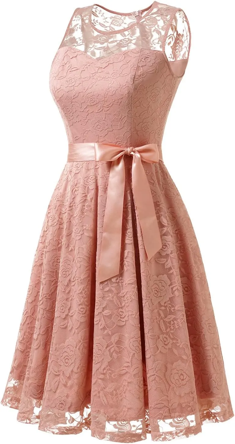 Dressystar Women's Floral Lace Dress Short Bridesmaid Dresses with Sheer Neckline