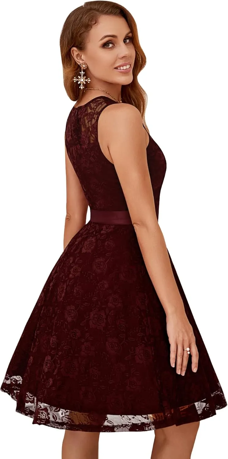 Dressystar Women's Floral Lace Dress Short Bridesmaid Dresses with Sheer Neckline