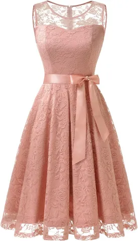 Dressystar Women's Floral Lace Dress Short Bridesmaid Dresses with Sheer Neckline