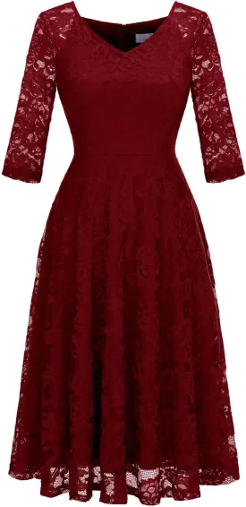 Dressystar Womens Long-Sleeve Wedding Guest Dress A-Line Lace Formal Party Cocktail Midi Dress Prom Gown