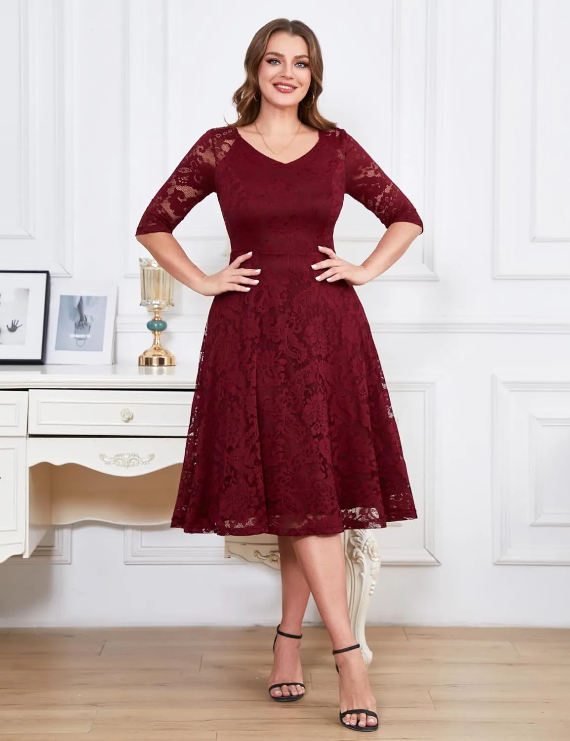 Dressystar Womens Long-Sleeve Wedding Guest Dress A-Line Lace Formal Party Cocktail Midi Dress Prom Gown