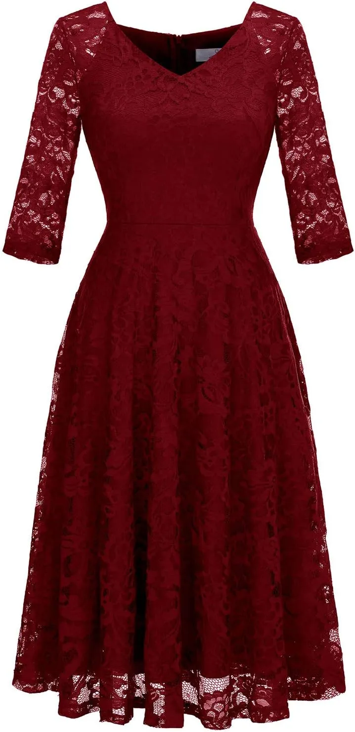 Dressystar Womens Long-Sleeve Wedding Guest Dress A-Line Lace Formal Party Cocktail Midi Dress Prom Gown