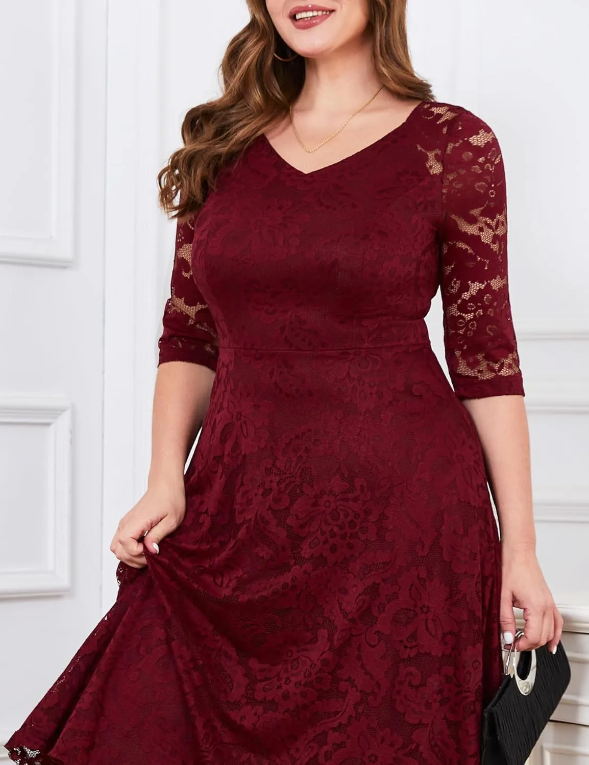 Dressystar Womens Long-Sleeve Wedding Guest Dress A-Line Lace Formal Party Cocktail Midi Dress Prom Gown